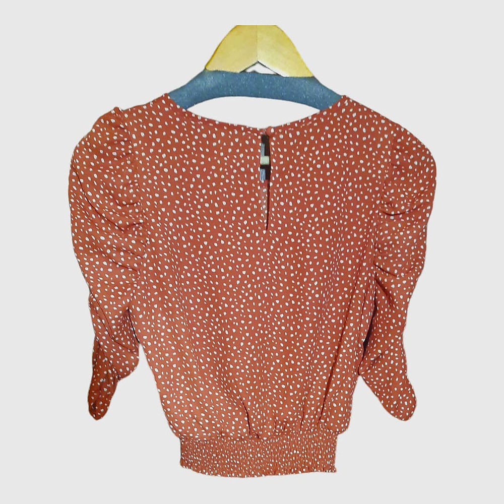 Paper Crane Smocked Band Top Shirring Puff Sleeves Burnt Orange Dot Print  XS - Picture 5 of 9